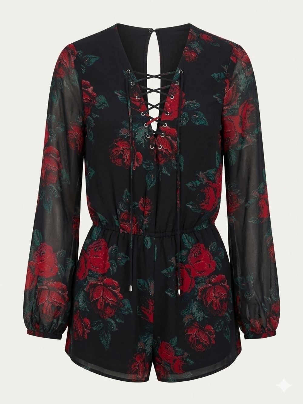 Floral Black Romper with Red & Green Rose Print Chic Lace-up V-Neck